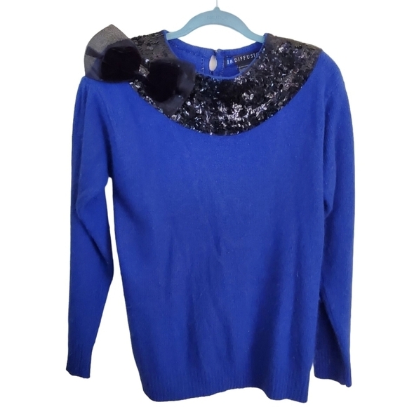 Vintage I B Diffusion Blue Silk Angora Wool Sequined Sweater Size M - Picture 1 of 7